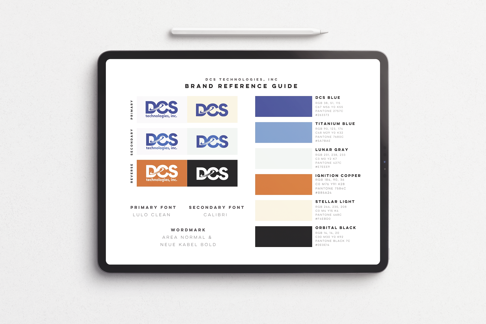 DCS Technologies brand reference guide with logo variations and brand colors