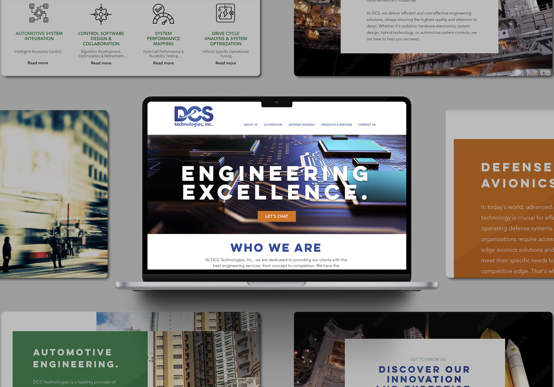 DCS Technologies website design presentation with desktop mockup, automotive engineering and defense avionics sections