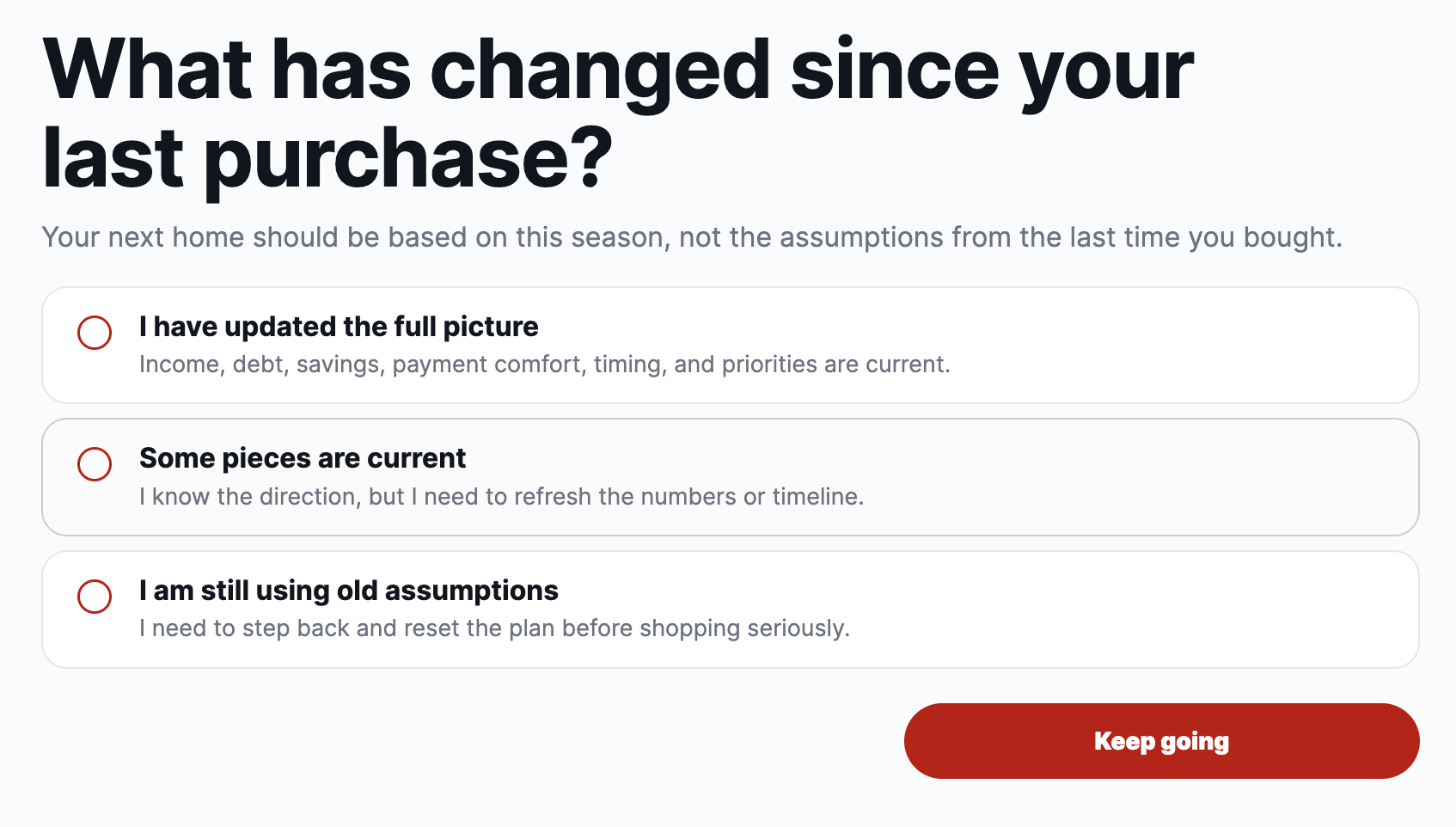 Buyer guide asks what has changed since the buyer's last purchase, with three possible responses