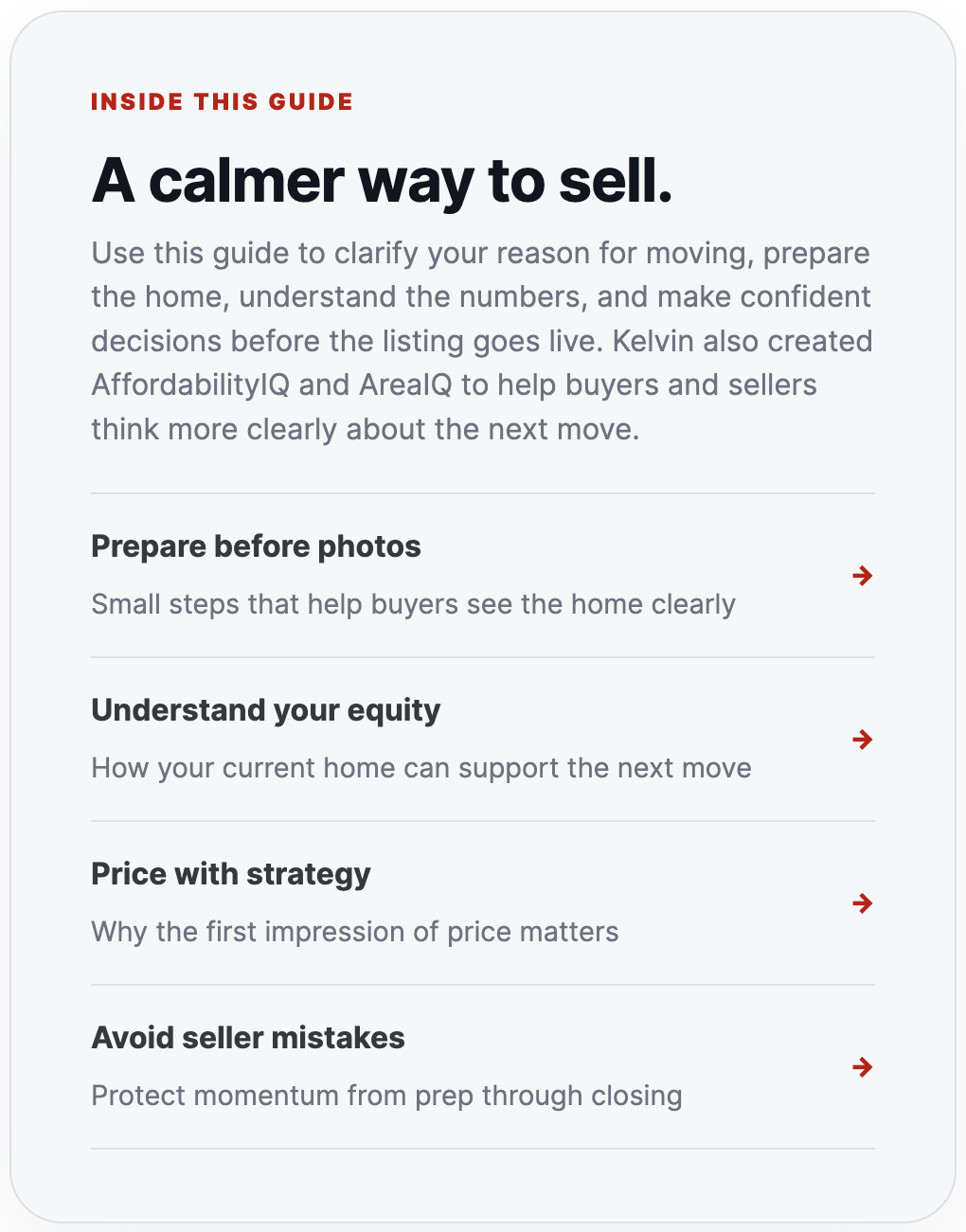 Seller guide navigation panel outlining preparation, equity, pricing, and common mistakes