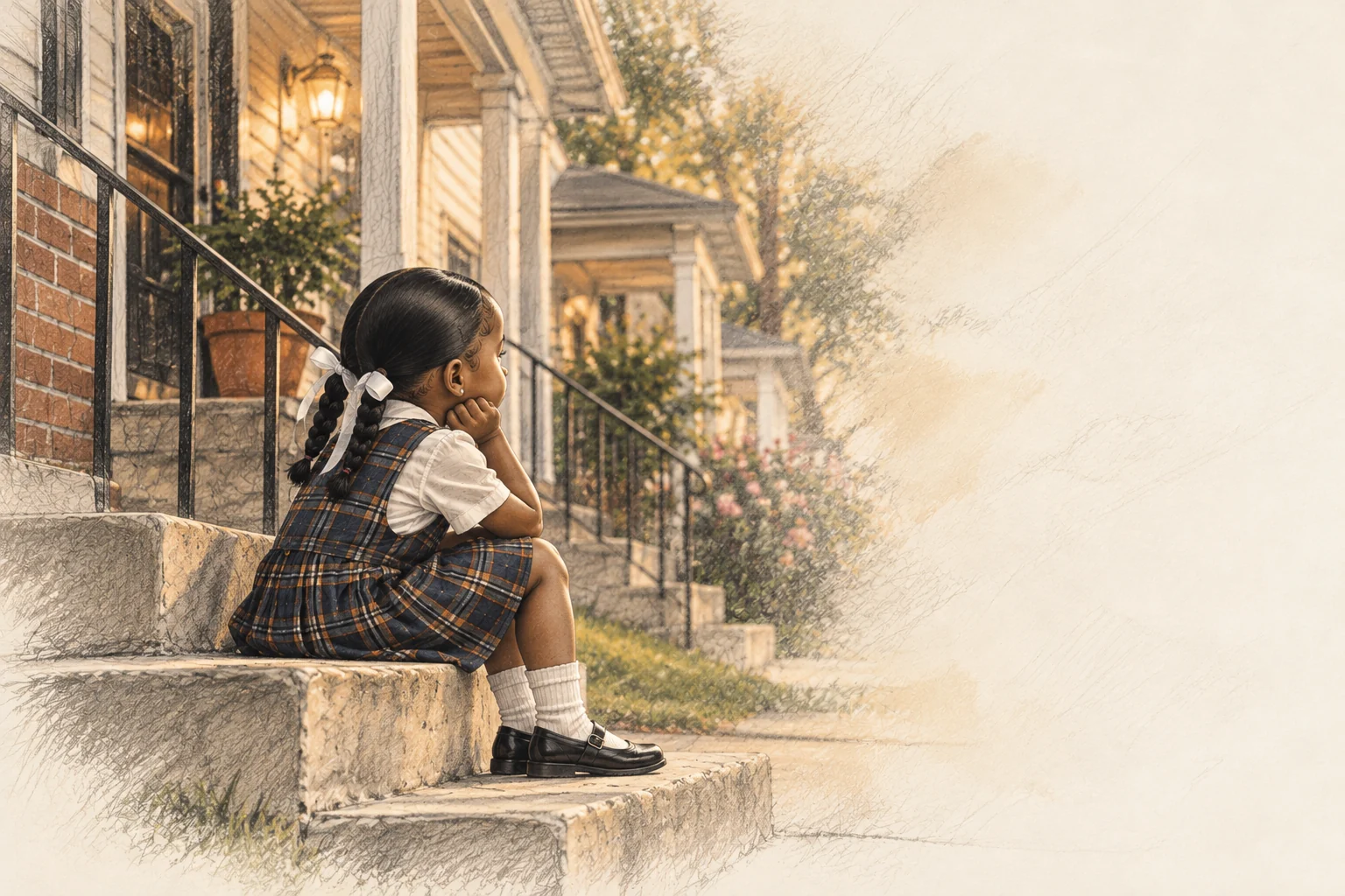 Illustrated childhood memory: a quiet schoolgirl with two braids sitting on the steps of an older city home, looking outward in warm evening light