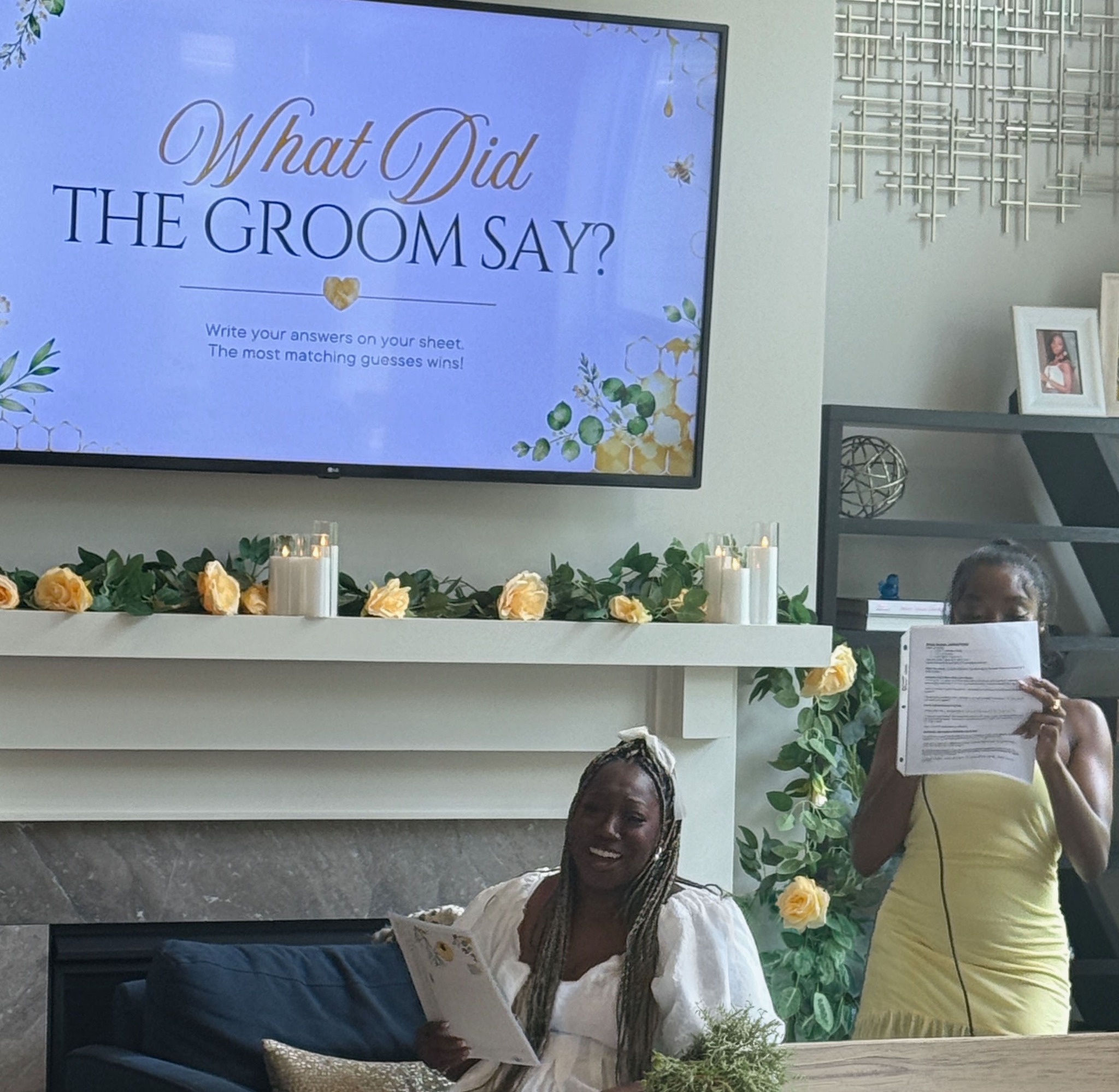 Bridal shower interactive game displayed on the television while guests present during the event