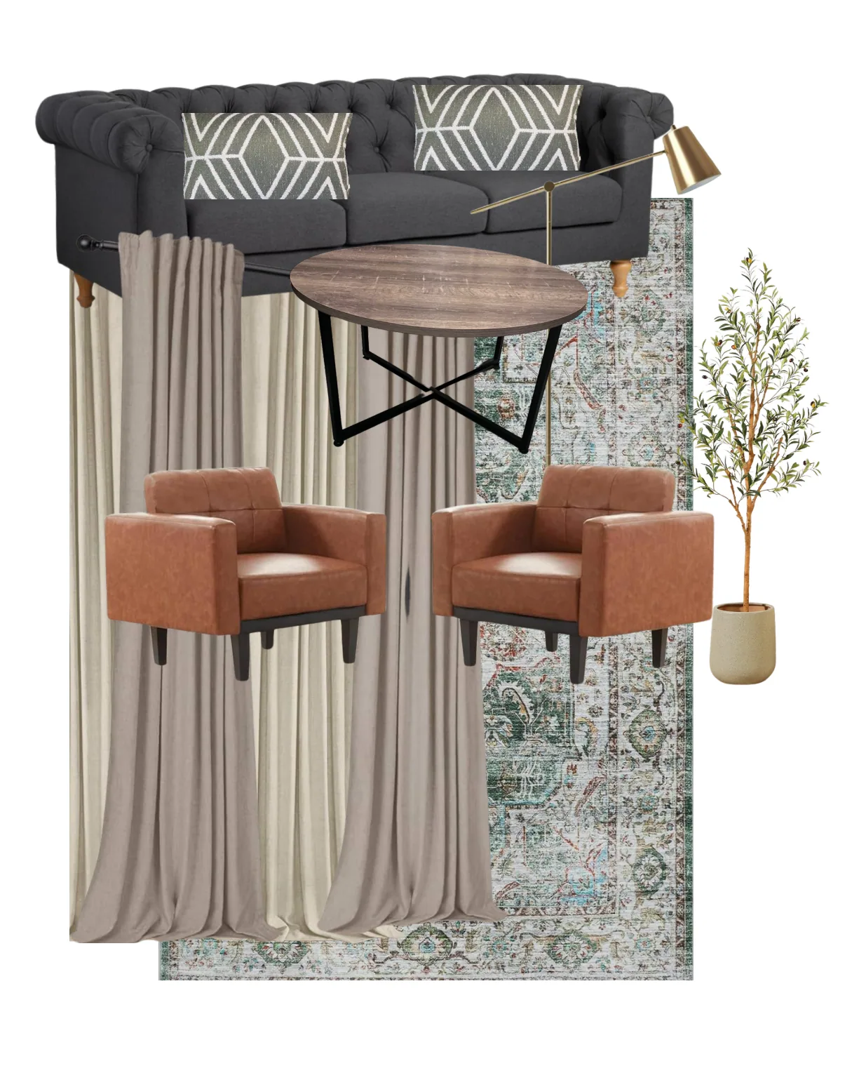 Zahria condo living room mood board with charcoal sofa, cognac chairs and round coffee table