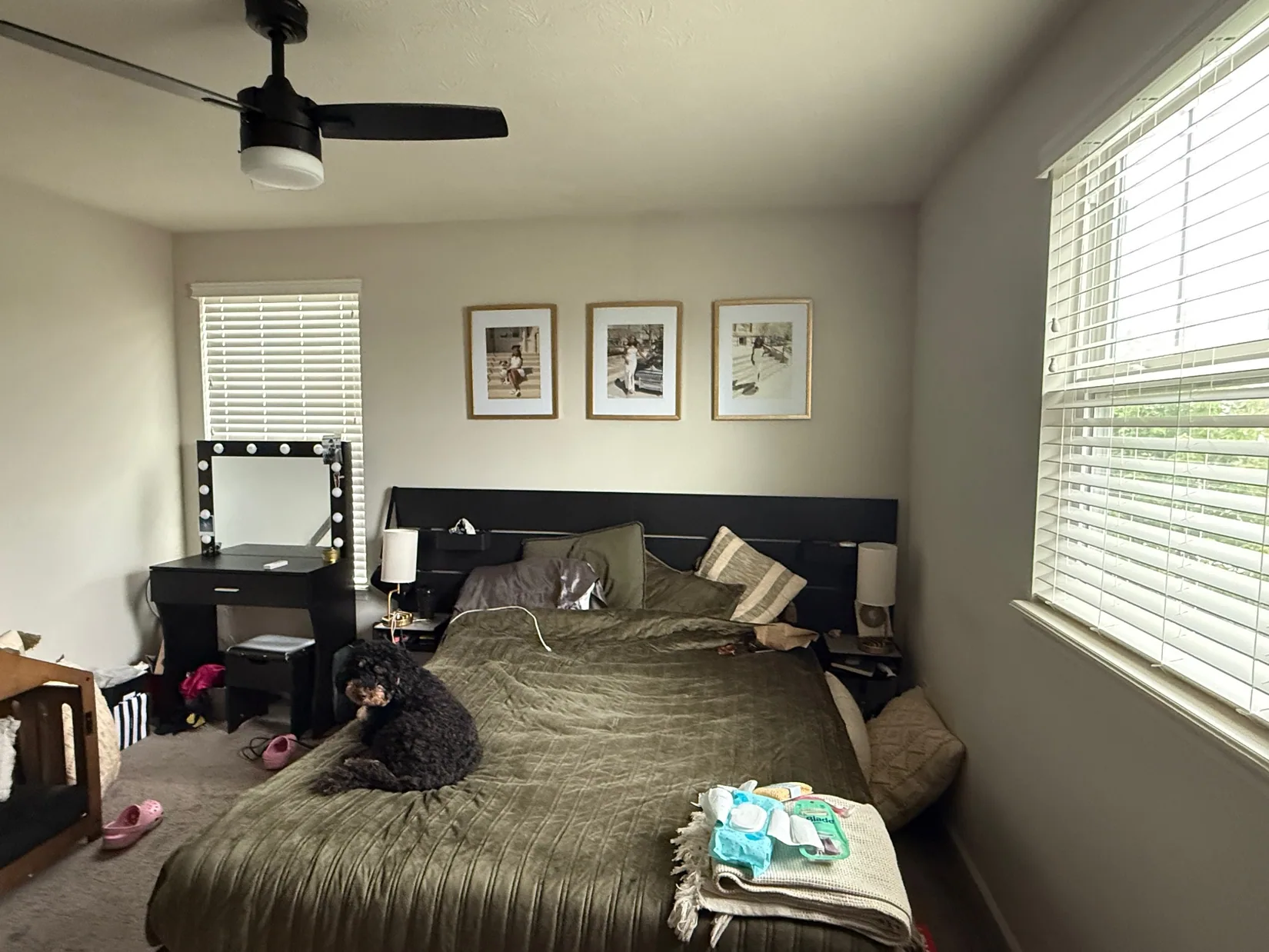 Bedroom before refresh, with original blinds, furniture and room styling