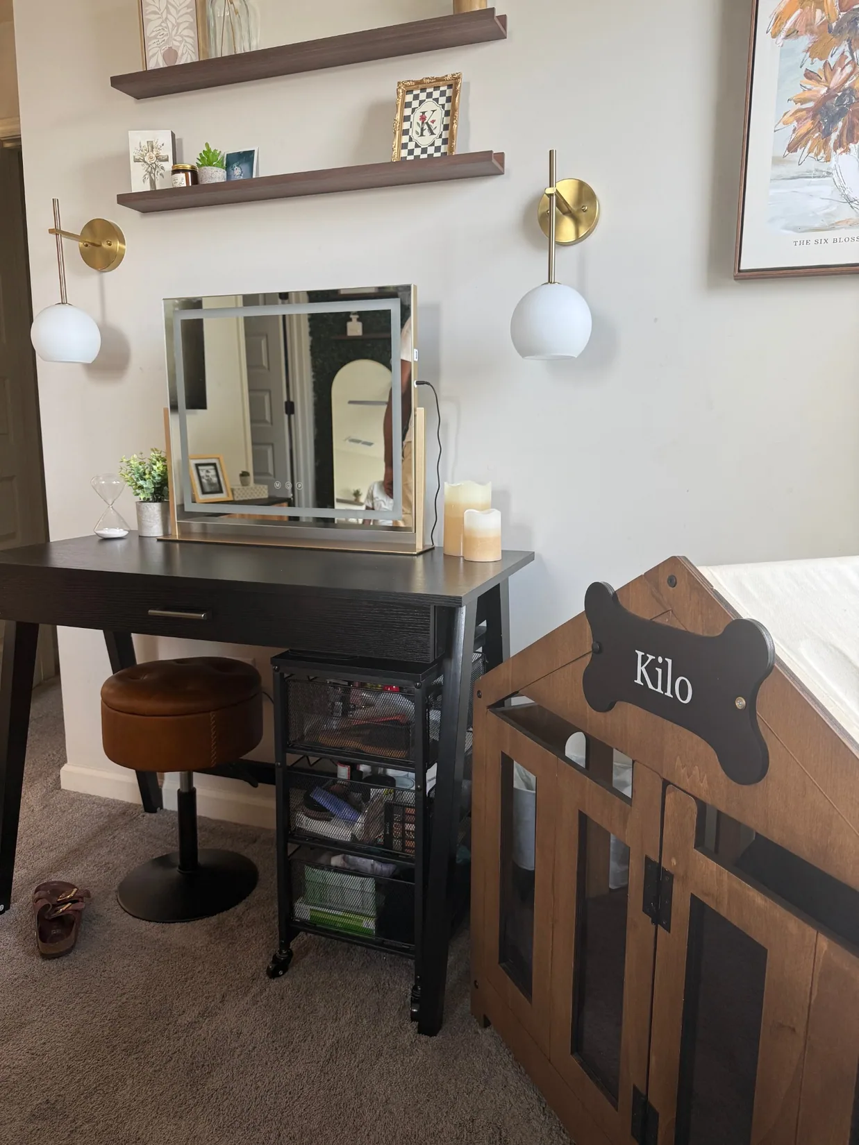 Vanity corner with shelves, decorative lighting and mirror