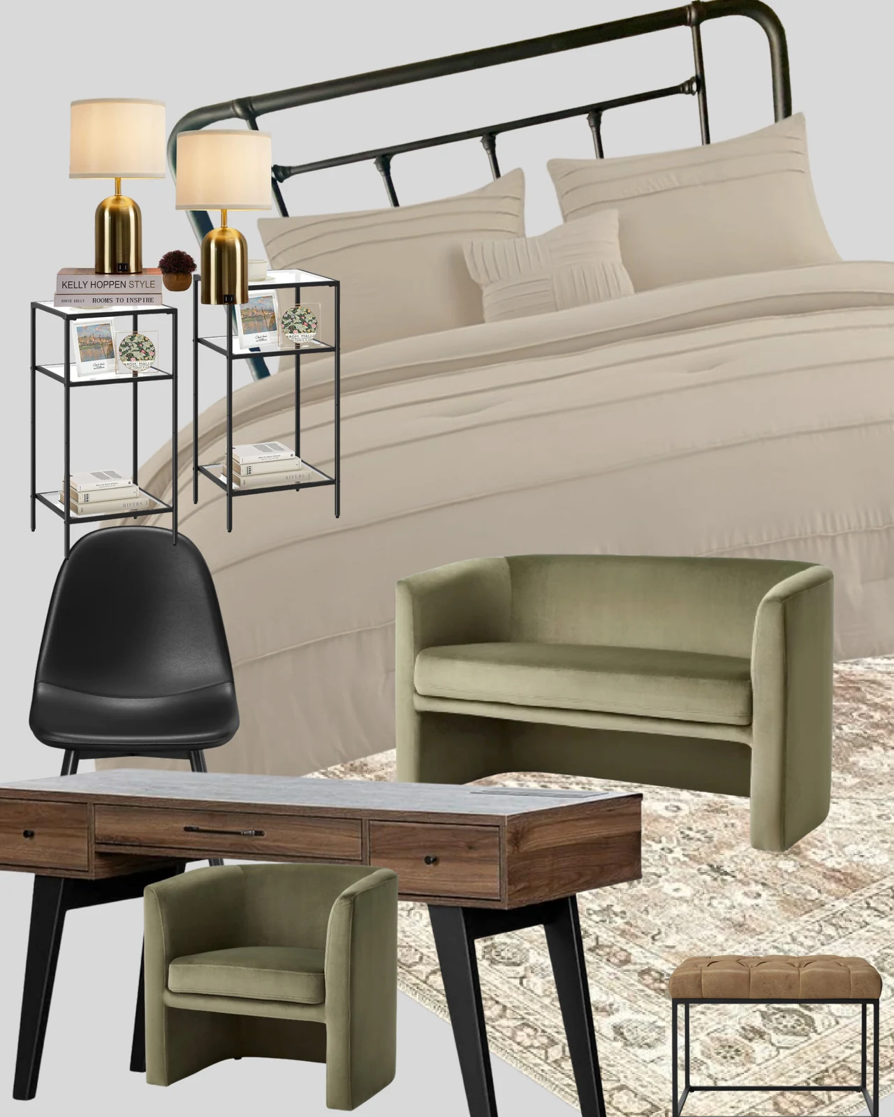 Mood board for Kelvin's office and guest room featuring a black metal bed, olive seating, warm wood desk and neutral textiles