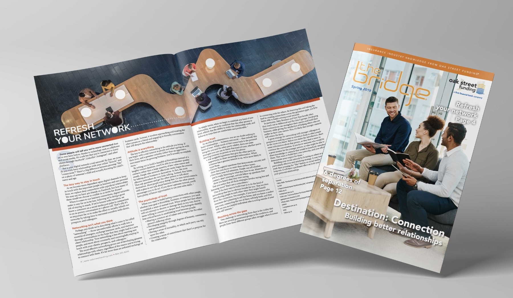 The Bridge, Spring 2019 quarterly newsletter, cover and double-page editorial spread
