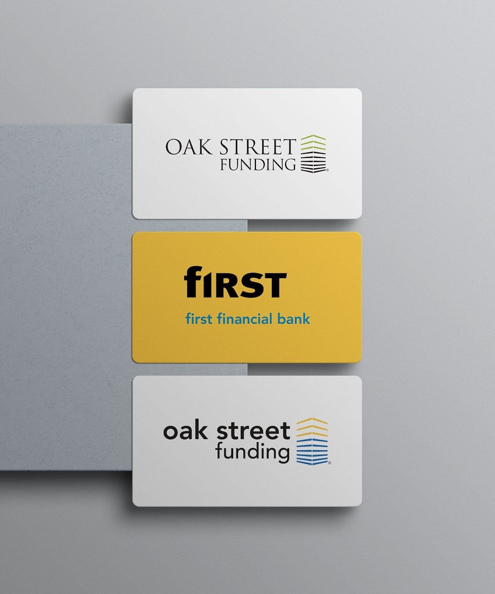 Three stages of Oak Street Funding identity, including the refreshed logo and its alignment with First Financial Bank