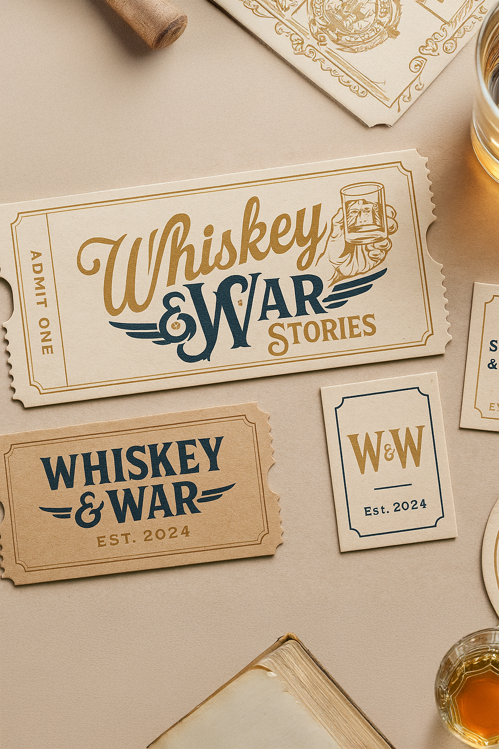 Whiskey & War Stories identity applied to textured event tickets and printed collateral