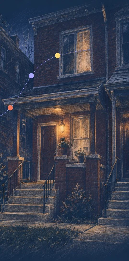 Sketched brick duplex with a glowing porch light and a path of connected points