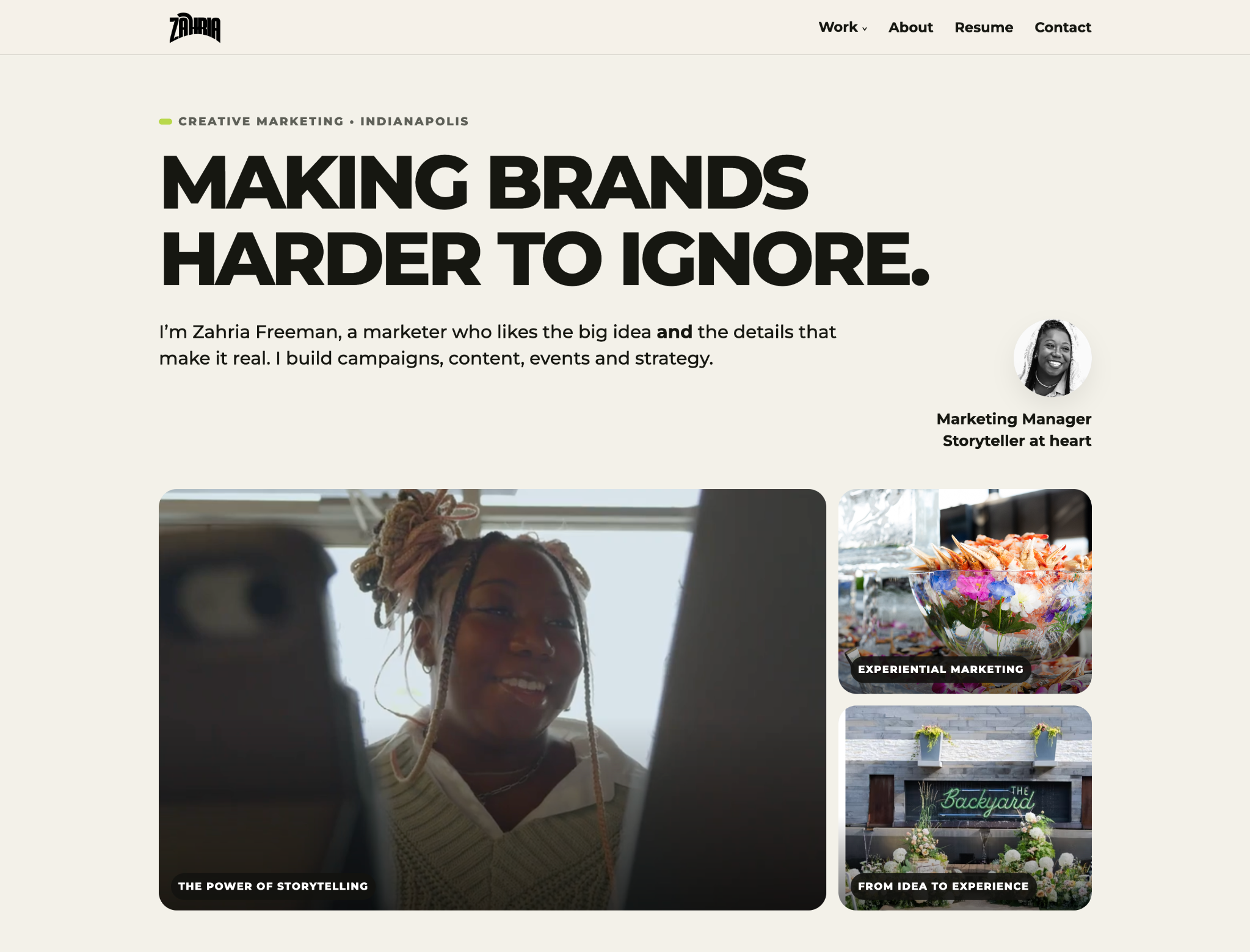 Zahria Freeman's redesigned portfolio homepage highlighting creative marketing and brand projects