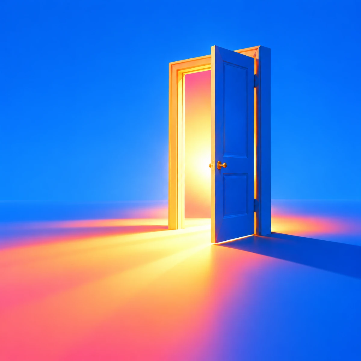 Good News album cover: vivid blue doorway opening into warm light