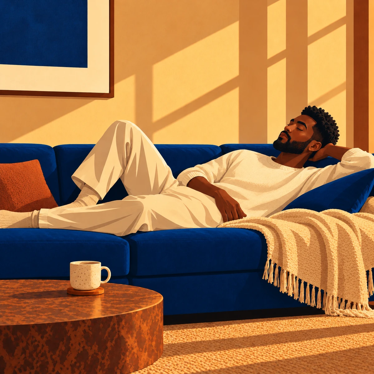Held album cover: reclining man resting on a blue sofa