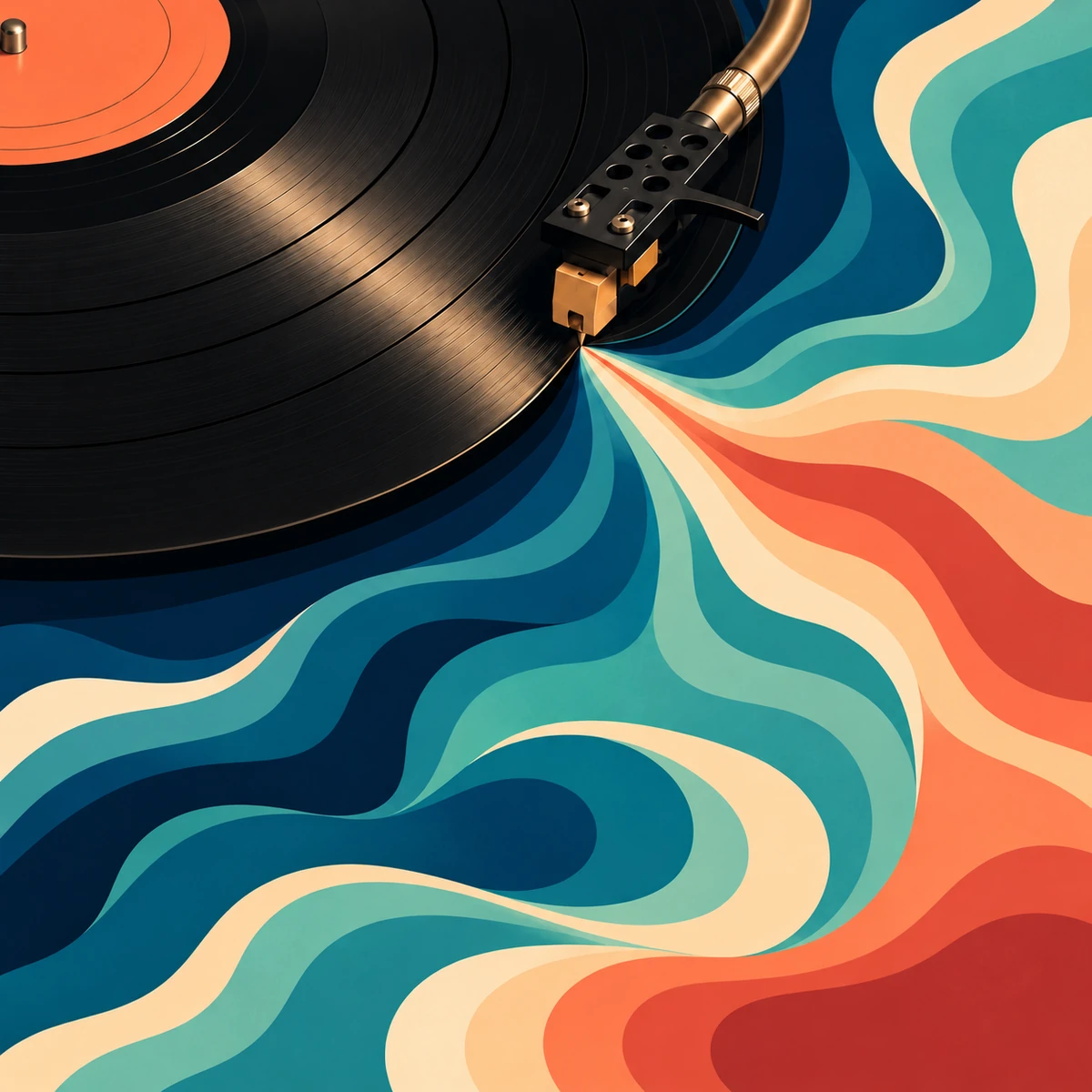 kkaz jazz album cover: vinyl turntable with colorful flowing lines