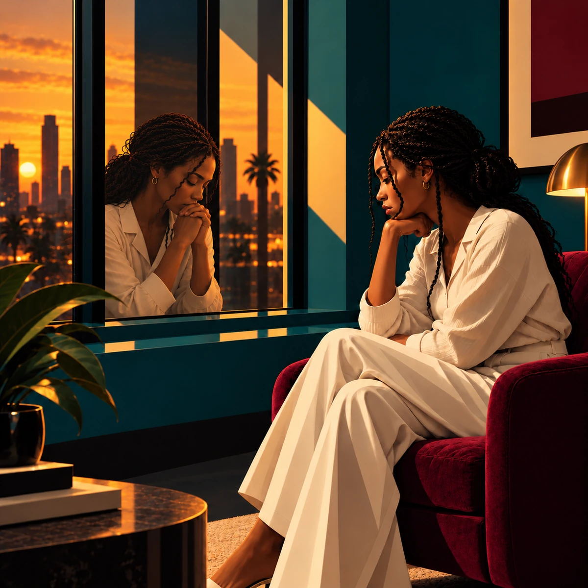 Search Me album cover: contemplative woman reflected in a window at sunset